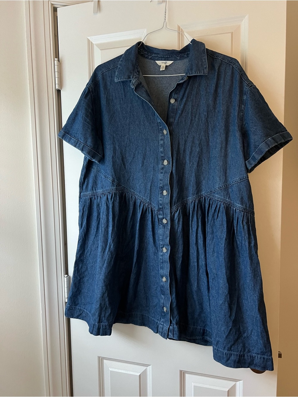 Denim Button-Front Mini Dress in Dark Blue